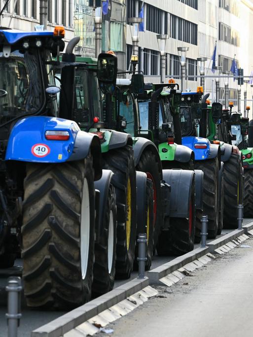 Dicht an dicht stehen hunderte Traktoren auf einer Straße in Brüssel und blockieren die Zufahrt zum Europaviertel.
