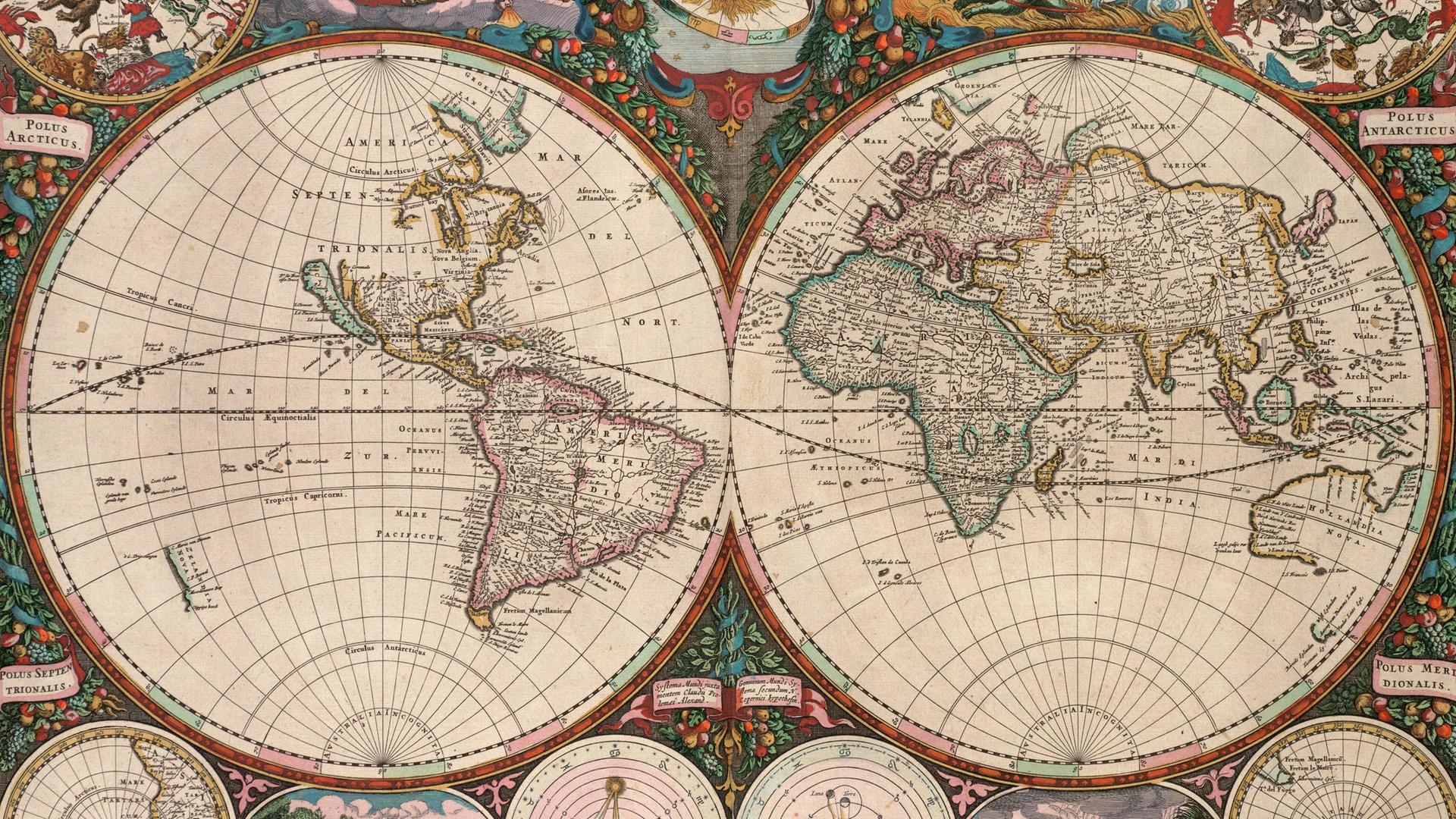 Nova totius terrarum orbis tabula, eine Weltkarte der Erde aus dem Jahr 1660, Historisch, digital restaurierte Reproduktion von einer Vorlage aus dem 19. Jahrhundert.