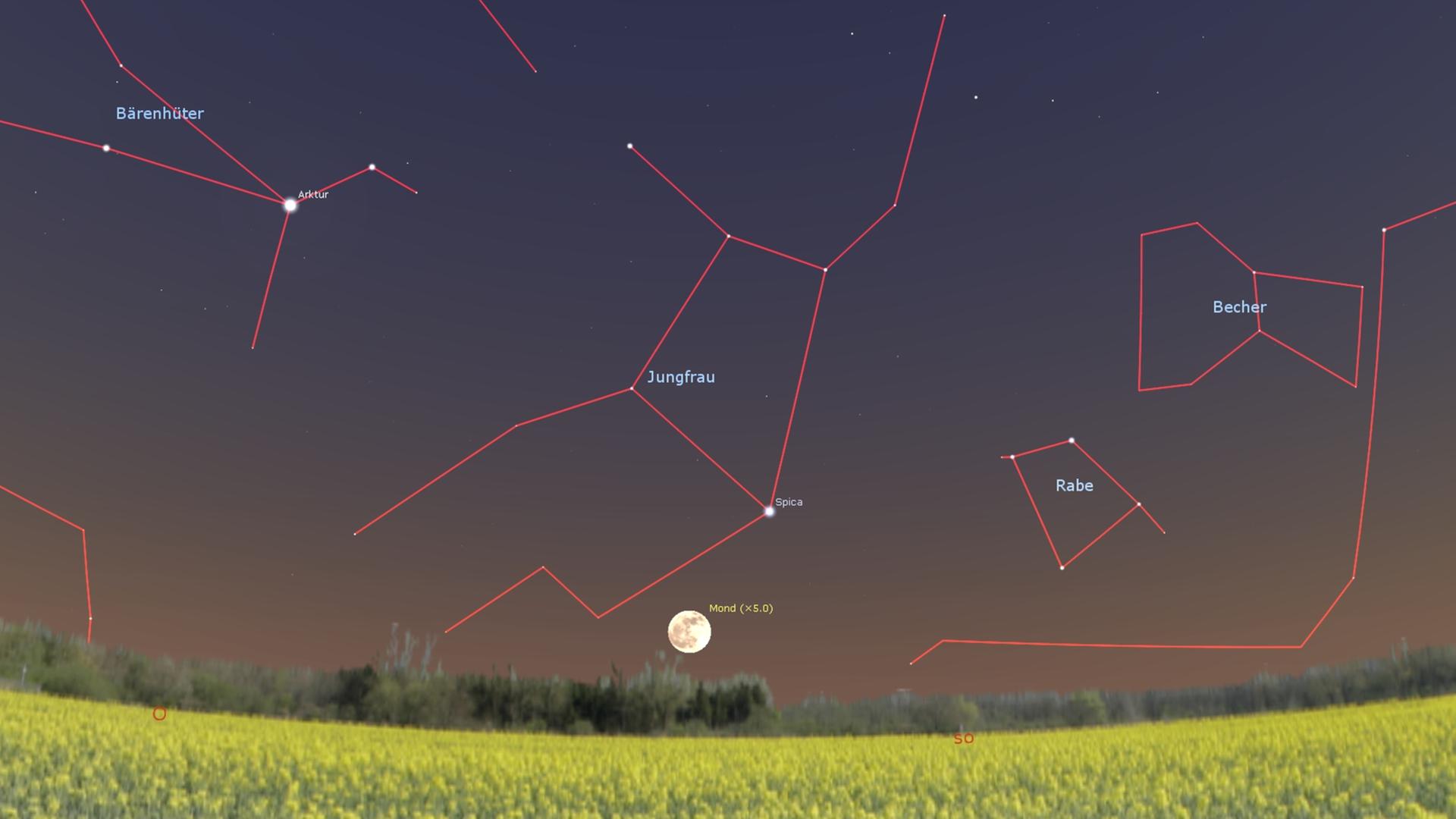 Ein Screenshot aus einer Astronomie-App zeigt den Mond knapp über dem Horizont unter dem Sternbild "Jungfrau"