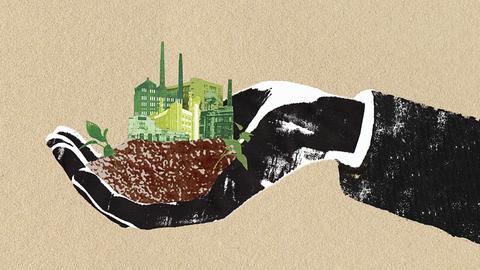 Illustration: Eine Mensch hält grüne Fabriken und Pflanzen in seiner Hand.