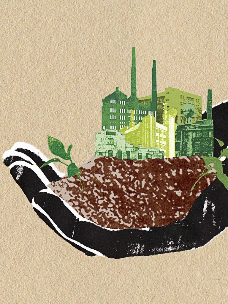 Illustration: Eine Mensch hält grüne Fabriken und Pflanzen in seiner Hand.
