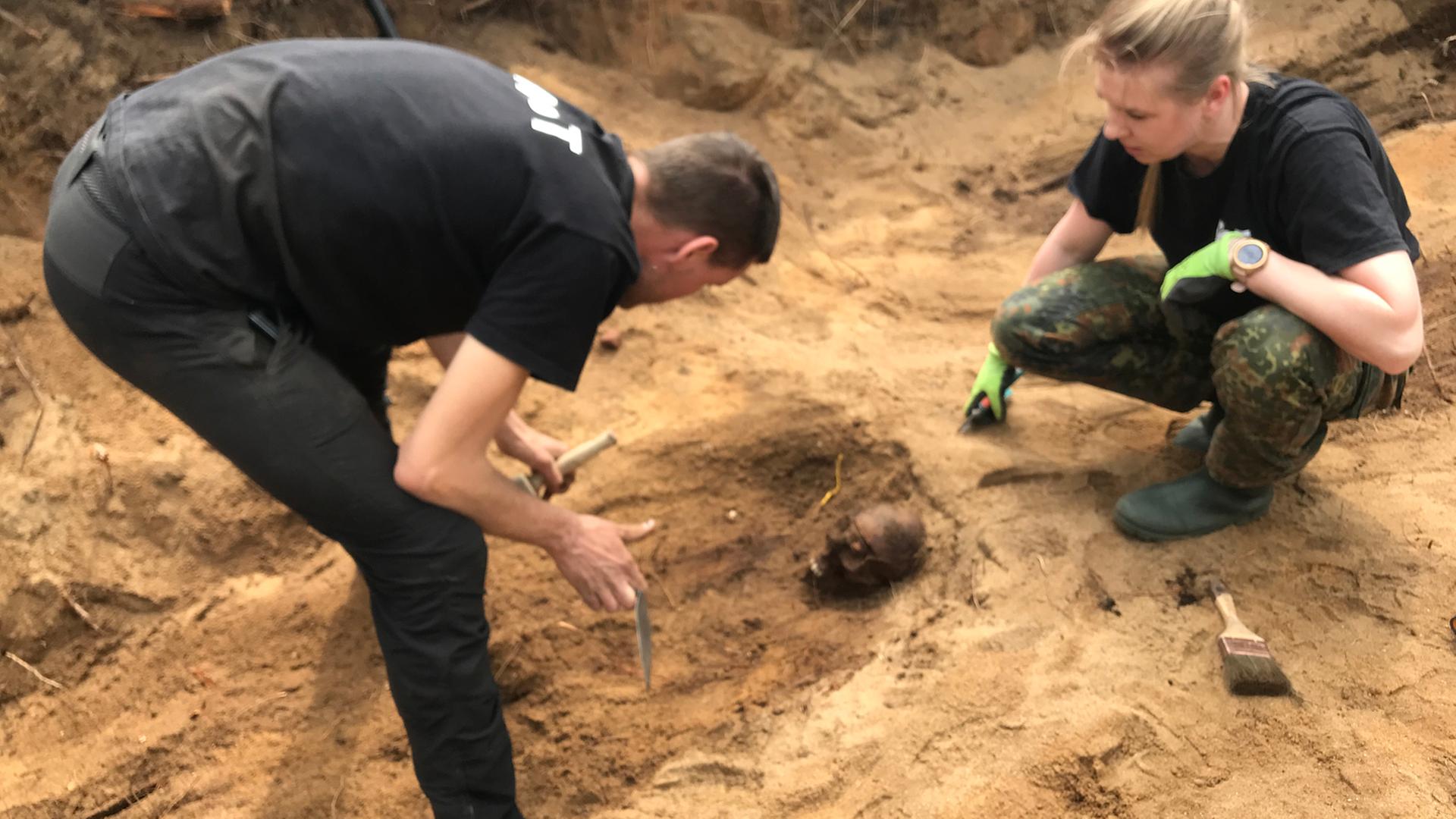 Symbolbild: Ein Mann und eine Frau arbeiten in einer ausgehobenen Grube und sichern Überreste von Kriegstoten. In der Grube sind unter anderem ein gefundener Schädel und ein Pinsel zu sehen.