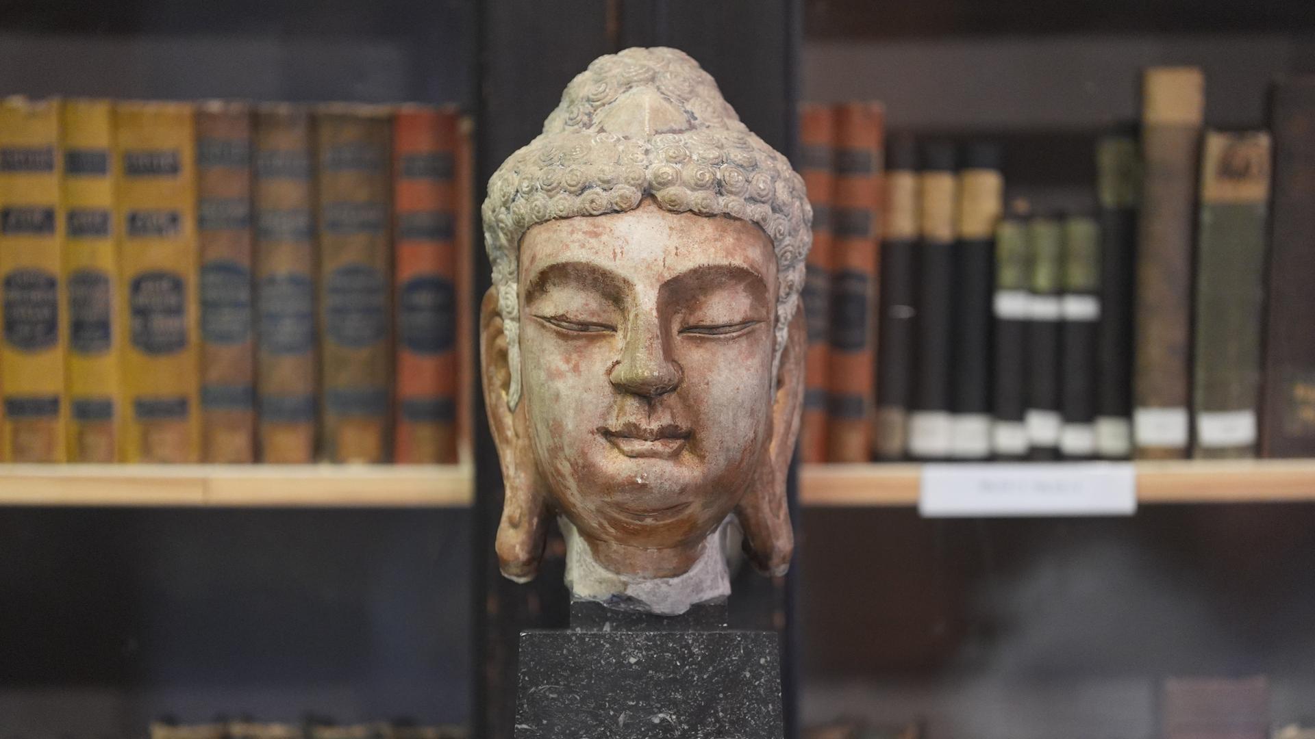 Ein Buddha-Kopf aus Marmor steht in einem Raum des Hamburger MARKK-Museums am Rothenbaum. Er steht auf einem dunklen Marmorklotz. Im Hiintergrund stehen historische Bücher im Regal. 