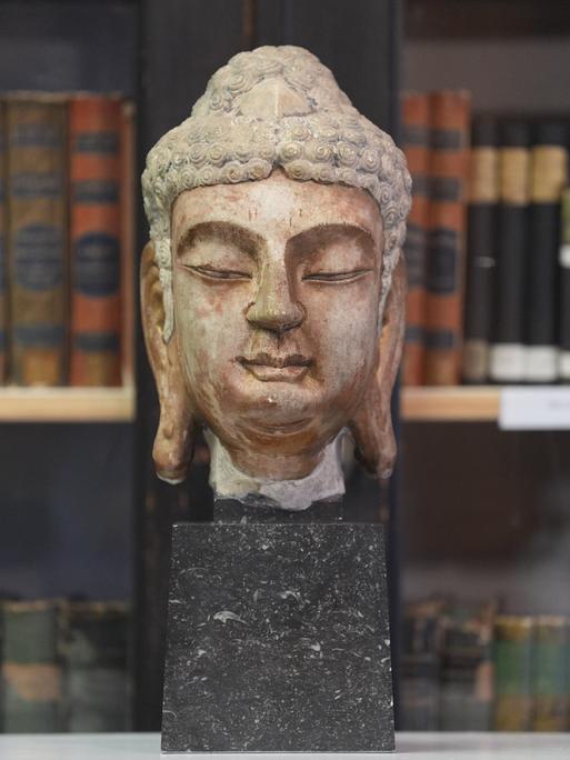 Ein Buddha-Kopf aus Marmor steht in einem Raum des Hamburger MARKK-Museums am Rothenbaum. Er steht auf einem dunklen Marmorklotz. Im Hiintergrund stehen historische Bücher im Regal. 