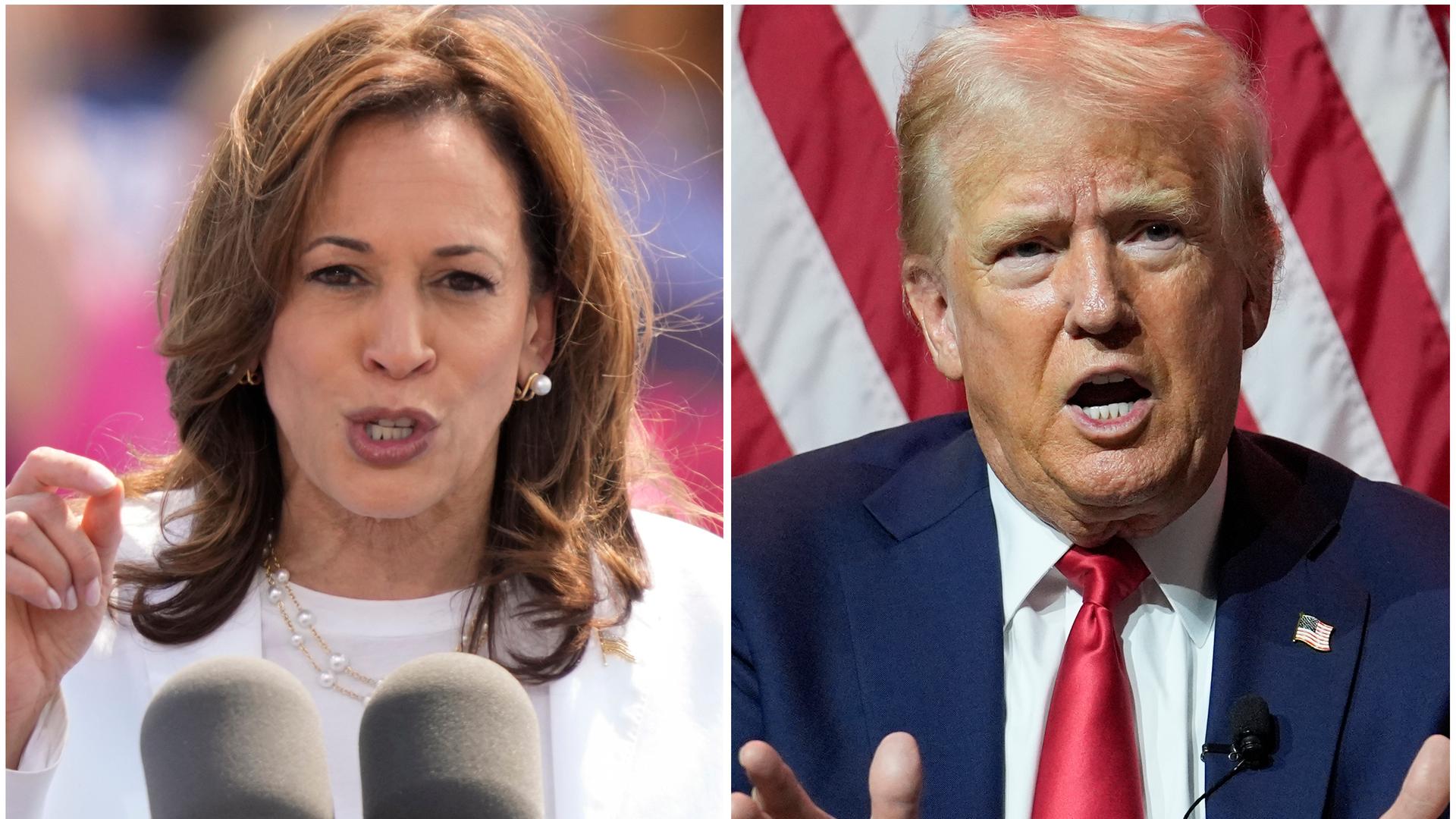 Auf der linken Seite sieht man Kamala Harris in einem weißen Hosenanzug eine Rede halten, auf der rechten ist Donald Trump vor einem Rednerpult zu sehen. 