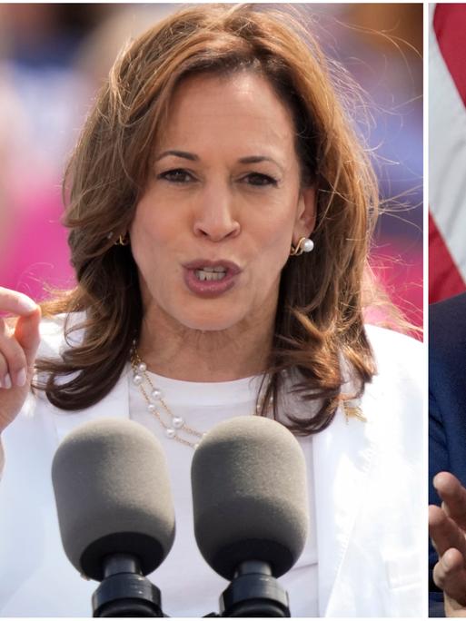 Auf der linken Seite sieht man Kamala Harris in einem weißen Hosenanzug eine Rede halten, auf der rechten ist Donald Trump vor einem Rednerpult zu sehen. 