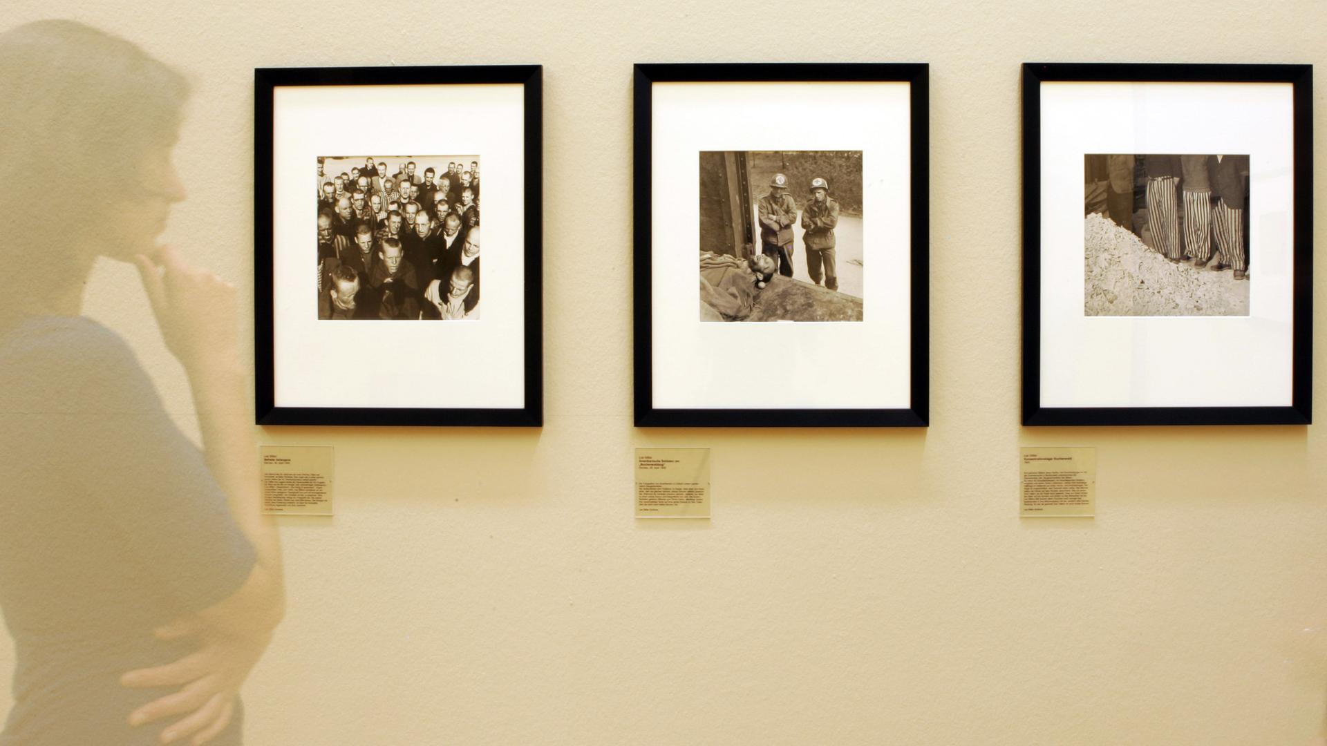 Eine junge Frau sieht sich in der Ausstellung "Lee Miller: Fotografien 1930 - 1970" im Kunstmuseum in Wolfsburg die Fotos der amerikanischen Kriegsreporterin aus deutschen Konzentrationslagern an.