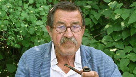 Günter Grass sitzt mit Pfeife vor Blätterwerk