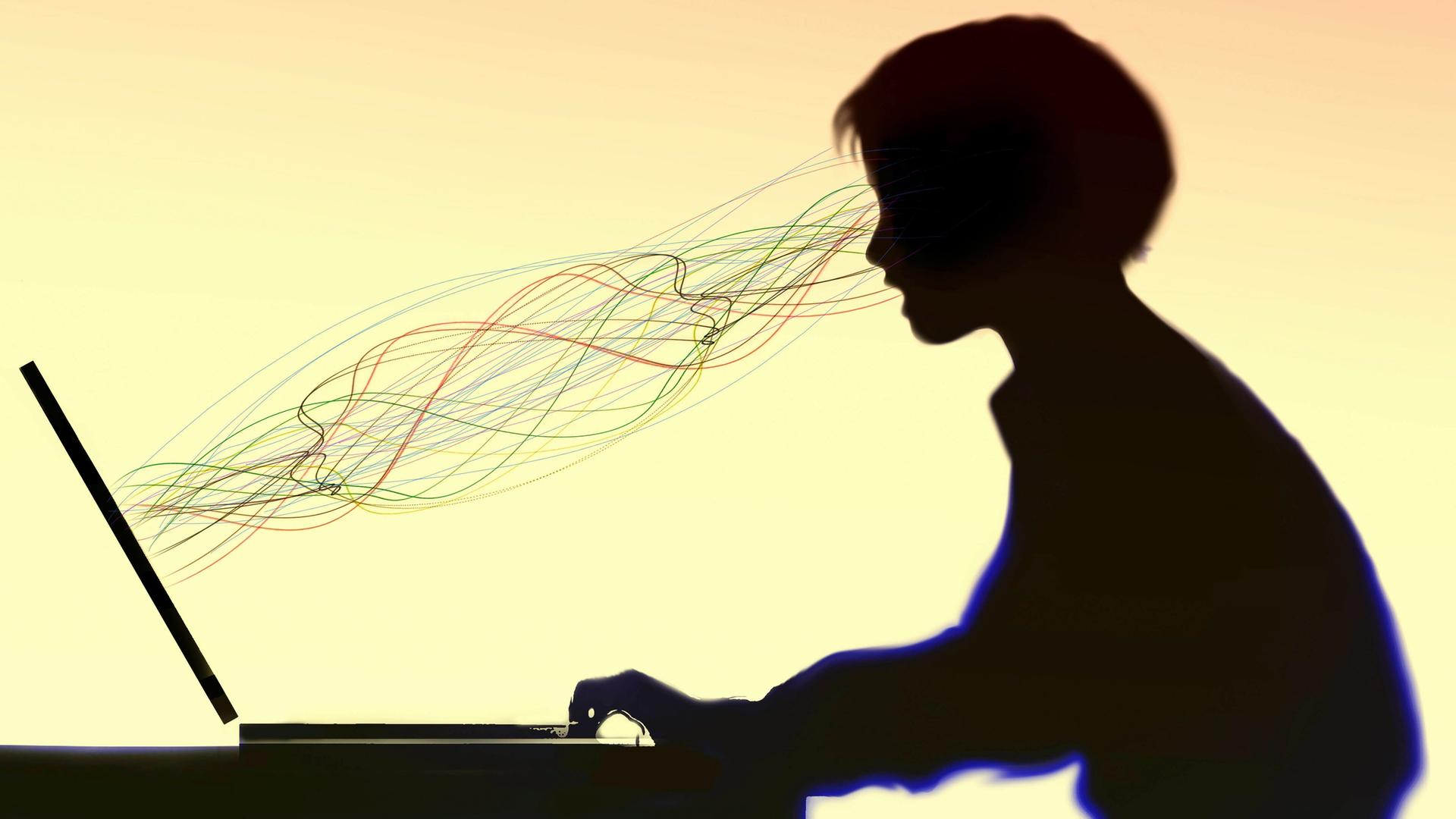 Linien verlaufen zwischen einer Frau und einem Laptop-Computer (Illustration) Linien verlaufen zwischen einer Frau und einem Laptop-Computer (Illustration)