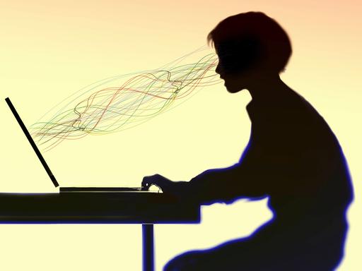 Linien verlaufen zwischen einer Frau und einem Laptop-Computer (Illustration)