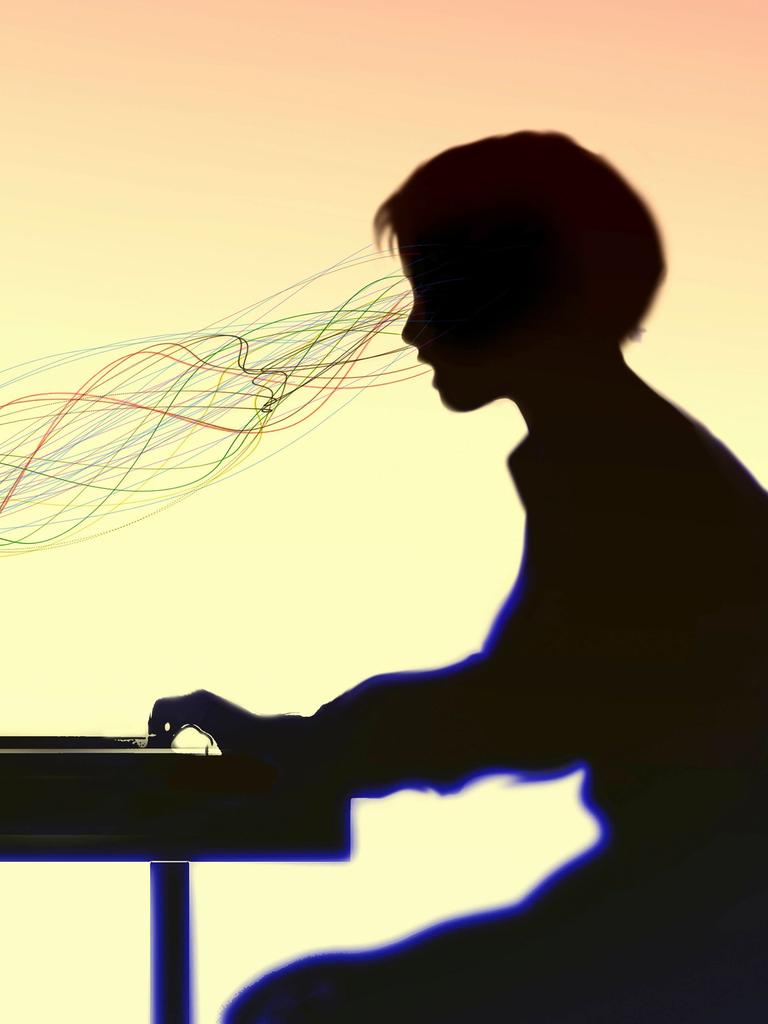 Linien verlaufen zwischen einer Frau und einem Laptop-Computer (Illustration)