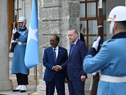 Recep Tayyip Erdoğan und Hassan Sheikh Mohamud schütteln sich bei einem offiziellen Termin die Hände. Die Szene ist mit der blau-weissen Flagge Somalias und Soldaten in Uniform gerahmt. Recep Tayyip Erdoğan und Hassan Sheikh Mohamud schütteln sich bei einem offiziellen Termin die Hände. Die Szene ist mit der blau-weissen Flagge Somalias und Soldaten in Uniform gerahmt.