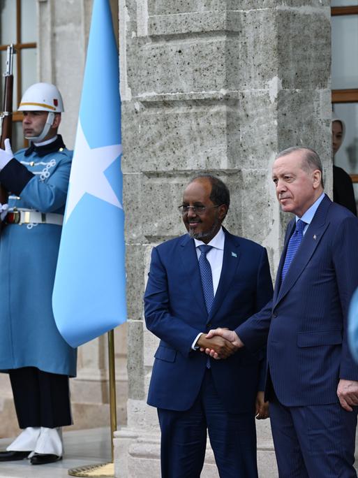Recep Tayyip Erdoğan und Hassan Sheikh Mohamud schütteln sich bei einem offiziellen Termin die Hände. Die Szene ist mit der blau-weissen Flagge Somalias und Soldaten in Uniform gerahmt. Recep Tayyip Erdoğan und Hassan Sheikh Mohamud schütteln sich bei einem offiziellen Termin die Hände. Die Szene ist mit der blau-weissen Flagge Somalias und Soldaten in Uniform gerahmt.