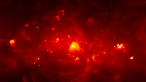 Ein Ausschnitt aus der GLOSTAR-Milchstraßenkarte: Sternentstehungsgebiete leuchten hell im Radiobereich. 