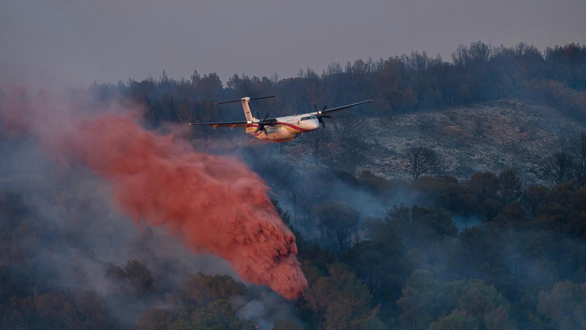 Ein Löschflugzeug wirft über einem Waldgebiet rote Löschflüssigkeit ab Ein Löschflugzeug wirft über einem Waldgebiet rote Löschflüssigkeit ab