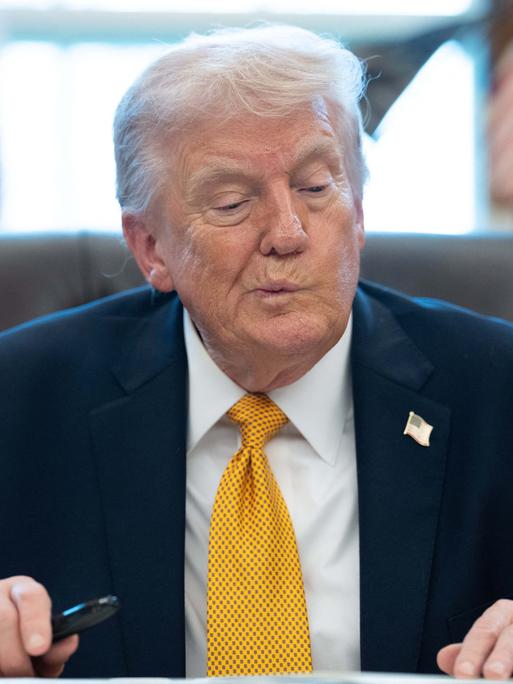 US-Präsident Trump sitzt im Oval Office im Weißen Haus an einem Schreibtisch und verzieht nachdenklich das Gesicht.