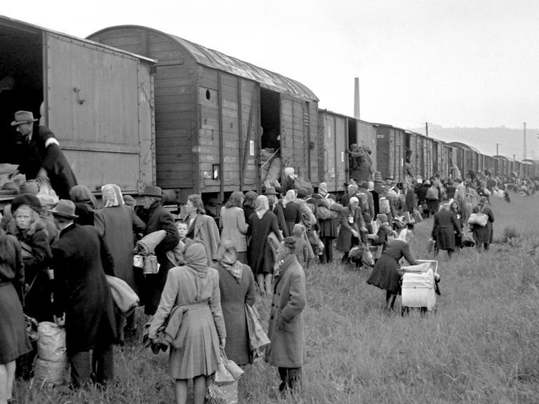 Hunderte Menschen mit Kinderwagen und schweren Taschen steigen in einen Güterzug ein. Am 16. Mai 1946 werden deutsche Familien aus Prag am Bahnhof Modrany aus der Tschecheslowakei abtransportiert. Hunderte Menschen mit Kinderwagen und schweren Taschen steigen in einen Güterzug ein. Am 16. Mai 1946 werden deutsche Familien aus Prag am Bahnhof Modrany aus der Tschecheslowakei abtransportiert.