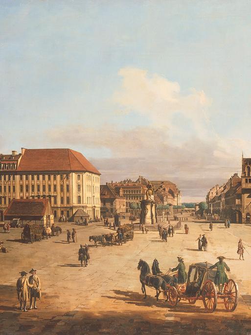 Eine barocke Stadtansicht zeigt einen Markt mit Menschen und einer Kutsche zwischen historischen Gebäuden.