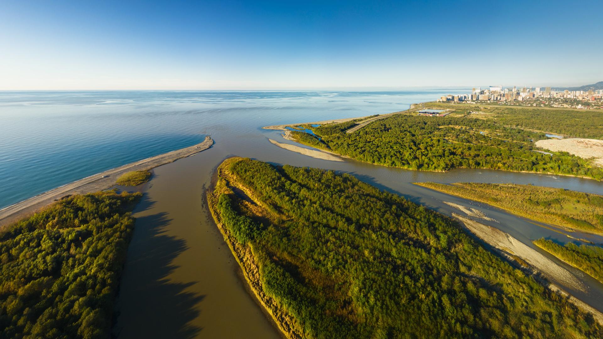 Luftaufnahme der sonnigen Schwarzmeerküste und des Chorokh-Flussdeltas inmitten von Waldgebieten in der Nähe der Stadt Batumi, Georgien Luftaufnahme der sonnigen Schwarzmeerküste und des Chorokh-Flussdeltas inmitten von Waldgebieten in der Nähe der Stadt Batumi, Georgien