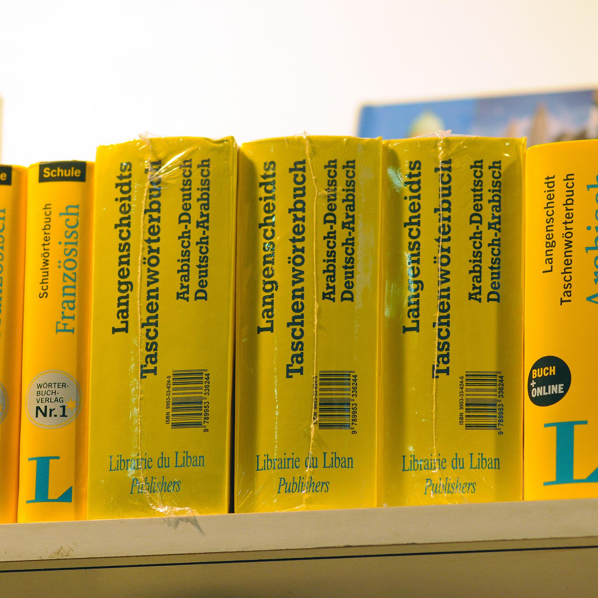 Deutsch-arabische Lexika, teils als Lizenzausgabe des libanesischen Verlagshauses Librairie du Liban auf dem Stand eines Buchhändlers auf der Internationalen Buchmesse in Kairo.