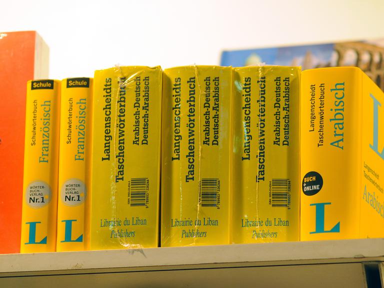 Deutsch-arabische Lexika, teils als Lizenzausgabe des libanesischen Verlagshauses Librairie du Liban auf dem Stand eines Buchhändlers auf der Internationalen Buchmesse in Kairo.