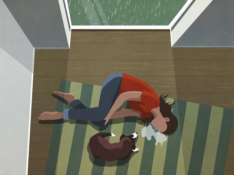 Illustration: Eine Frau liegt auf dem Boden und weint.