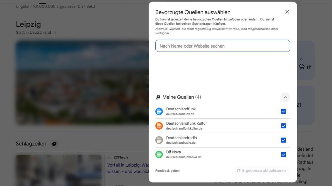 Popup mit Auswahlmöglichkeit der bevorzugten Nachrichten-Quellen bei einem personalisierten Google-Account.
