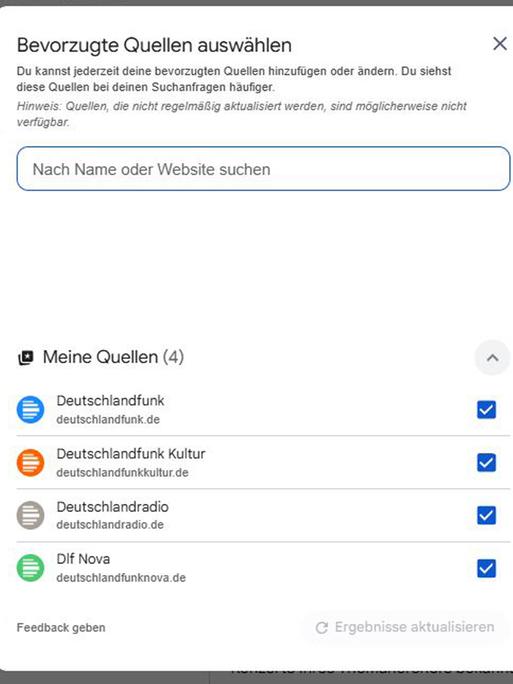 Popup mit Auswahlmöglichkeit der bevorzugten Nachrichten-Quellen bei einem personalisierten Google-Account.