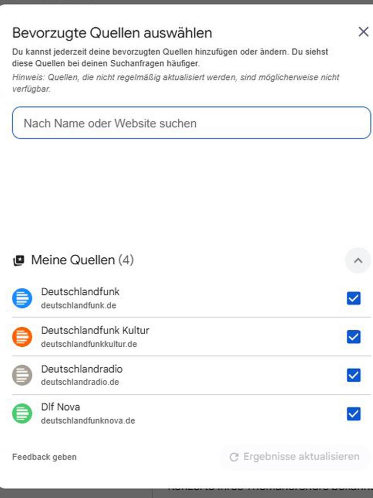 Popup mit Auswahlmöglichkeit der bevorzugten Nachrichten-Quellen bei einem personalisierten Google-Account.