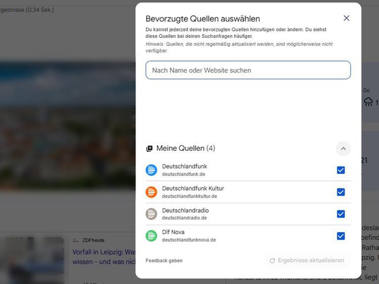 Popup mit Auswahlmöglichkeit der bevorzugten Nachrichten-Quellen bei einem personalisierten Google-Account. Popup mit Auswahlmöglichkeit der bevorzugten Nachrichten-Quellen bei einem personalisierten Google-Account.