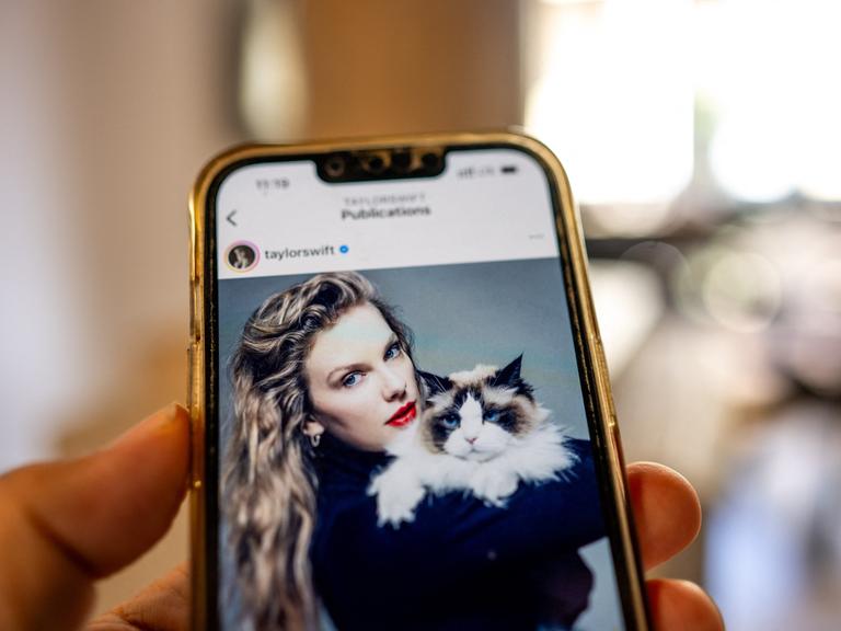 Ein Handy, was in einer Hand gehalten wird und auf dem Taylor Swift mit einer Katze zu sehen ist.