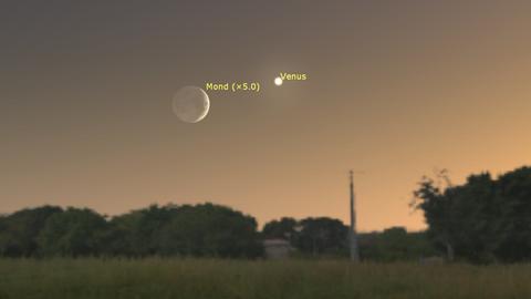 Am Abendhimmel stehen der Mond und die Venus nebeneinander und sind mit ihren Namen beschriftet.