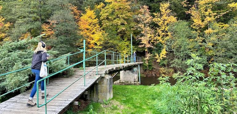Eine Brücke führt über einen Fluss im Herbstwald. Im Vordergrund eine Reporterin mit blondem Haar, sie trägt einen Beutel des Dlf. Weit entfernt auf der Brücke steht ein Mann mit grauem Haar. Eine Brücke führt über einen Fluss im Herbstwald. Im Vordergrund eine Reporterin mit blondem Haar, sie trägt einen Beutel des Dlf. Weit entfernt auf der Brücke steht ein Mann mit grauem Haar.