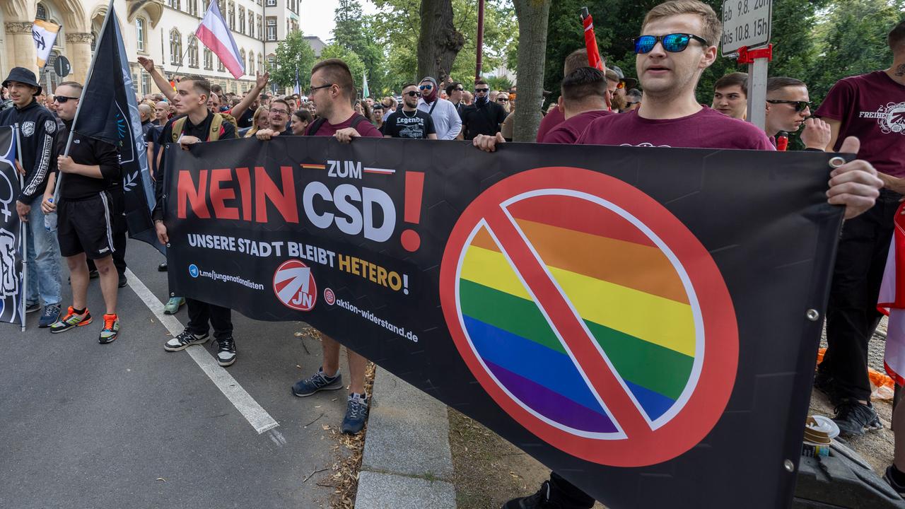 Eine Gruppe Rechtsextremer mit Sonnenbrillen hält ein Banner mit der Aufschrift "Nein zum CSD!" in die Luft. Neben dem Satz steht eine durchgestrichene Regenbogenflagge.