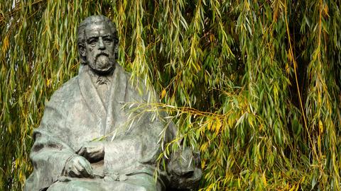 Blick auf das Prager Monument von Bedřich Smetana, das von Grün einer Trauerweide umgeben ist.