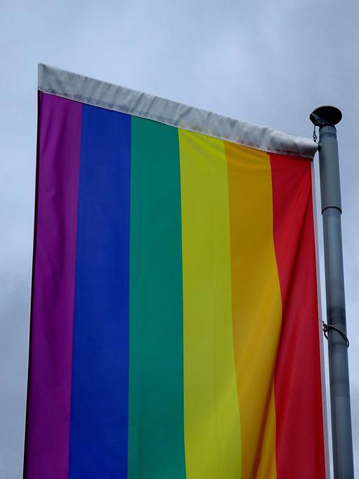 Eine Regenbogenflagge befindet sich vor dunklen Wolken. Die Fahne ist quer aufgehängt.