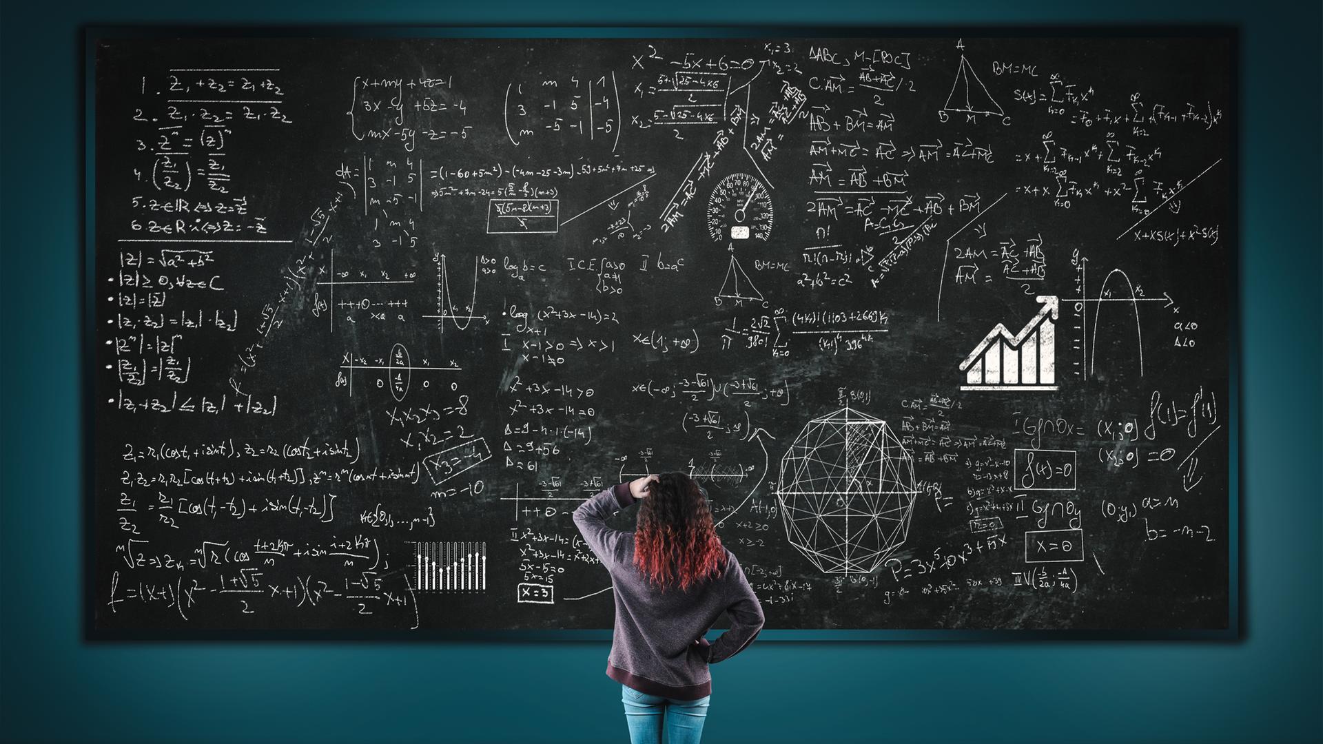 Ein Mädchen steht mit dem Rückem zum Betrachter vor einer riesigen mit mathematischen Formeln gefüllten Tafel