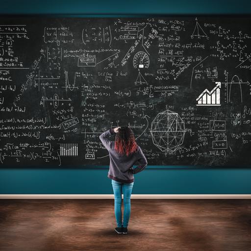 Ein Mädchen steht mit dem Rückem zum Betrachter vor einer riesigen mit mathematischen Formeln gefüllten Tafel
