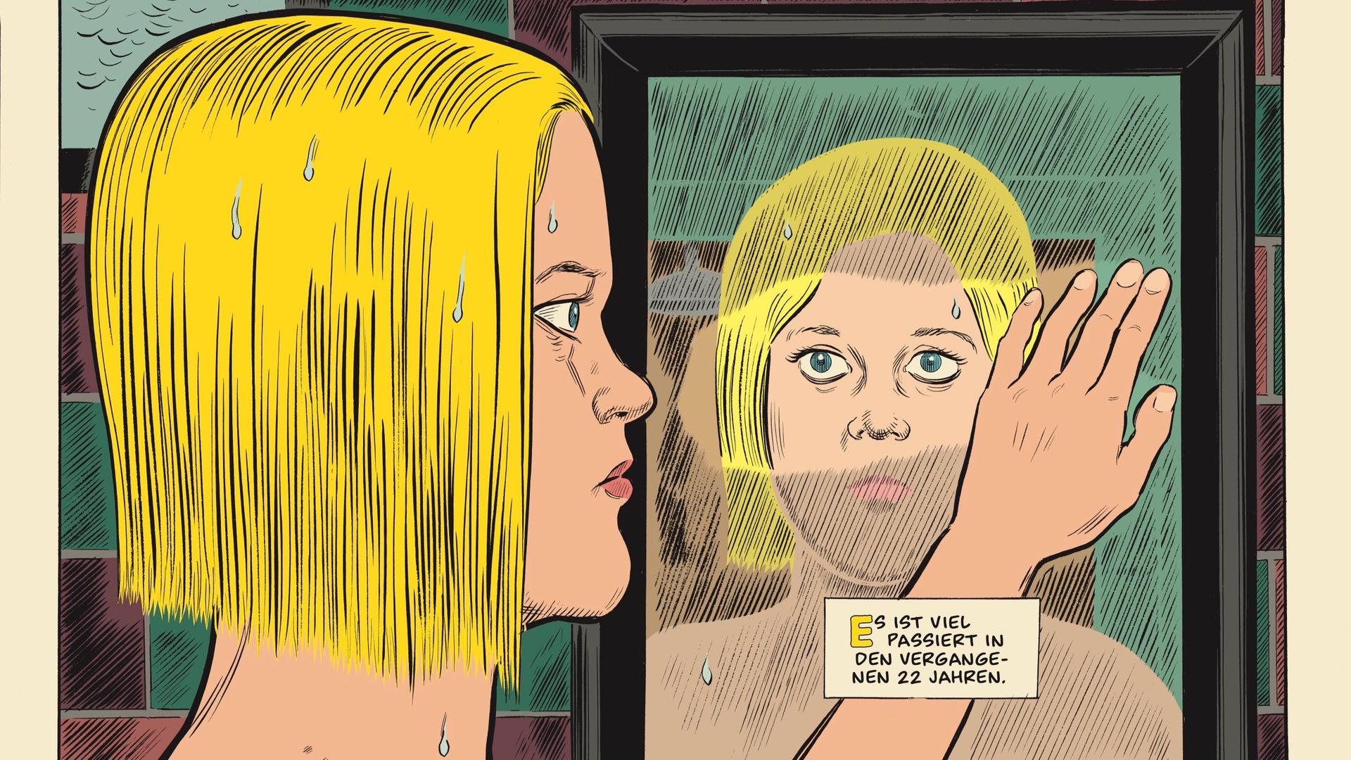 Panel aus dem Comic "Monica" von Daniel Clowes. Eine blonde Frau wischt einen Spiegel frei, um sich zu betrachten. Daneben steht: "Es ist viel passiert in den vergangenen 22 Jahren."