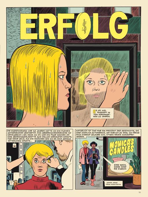 Panel aus dem Comic "Monica" von Daniel Clowes. Eine blonde Frau wischt einen Spiegel frei, um sich zu betrachten. Daneben steht: "Es ist viel passiert in den vergangenen 22 Jahren."