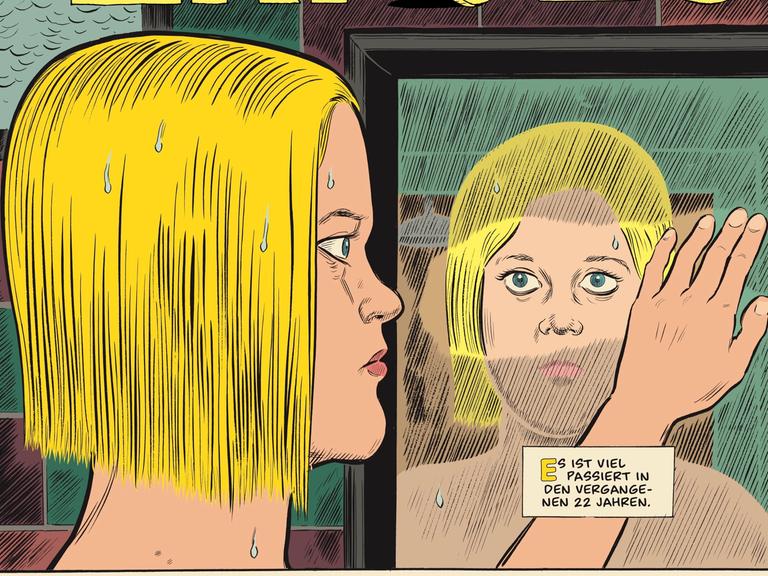 Panel aus dem Comic "Monica" von Daniel Clowes. Eine blonde Frau wischt einen Spiegel frei, um sich zu betrachten. Daneben steht: "Es ist viel passiert in den vergangenen 22 Jahren."