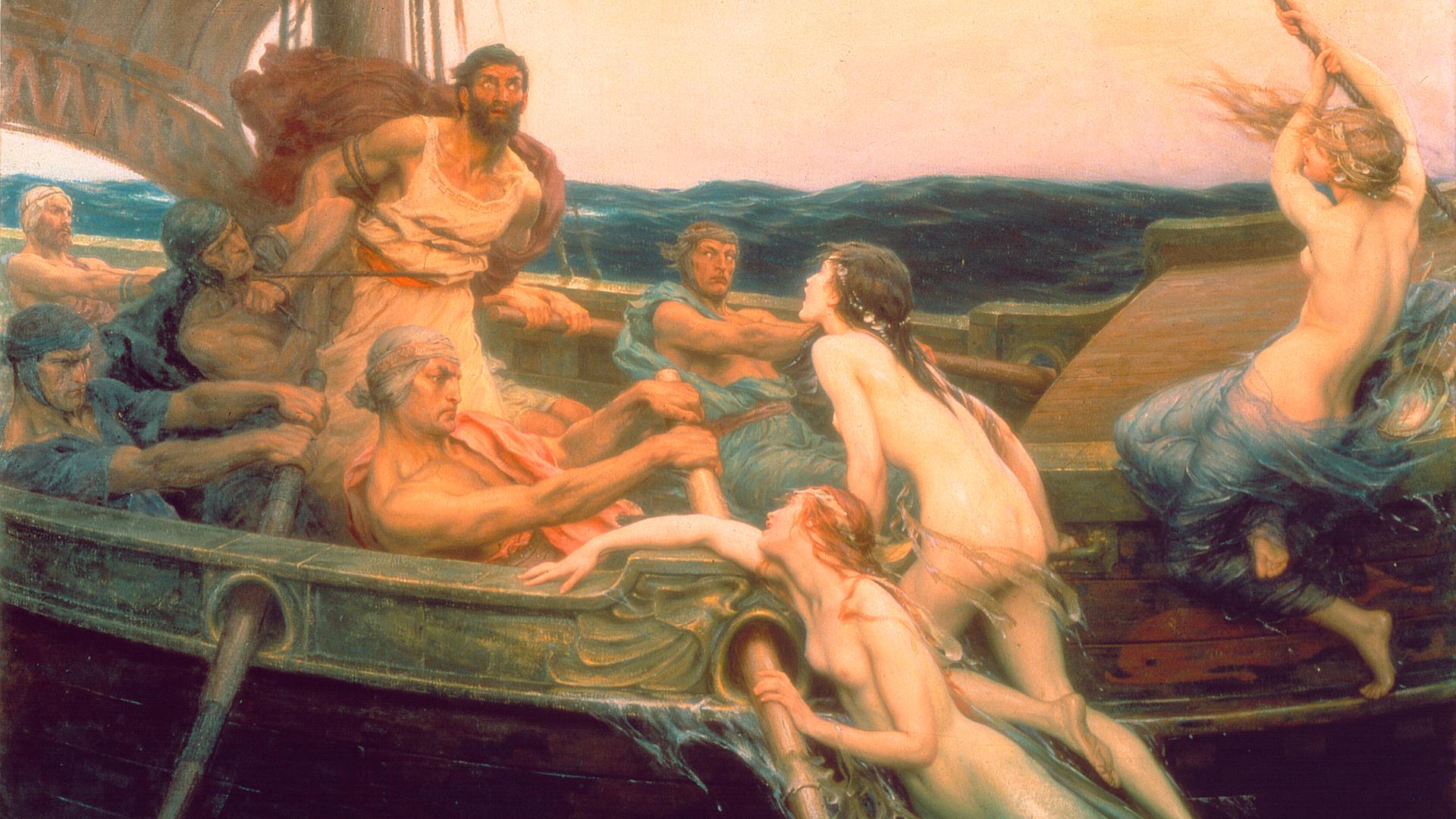 Ein Ölgemälde zeigt Odysseus, der an den Schiffsmast gefesselt ist.