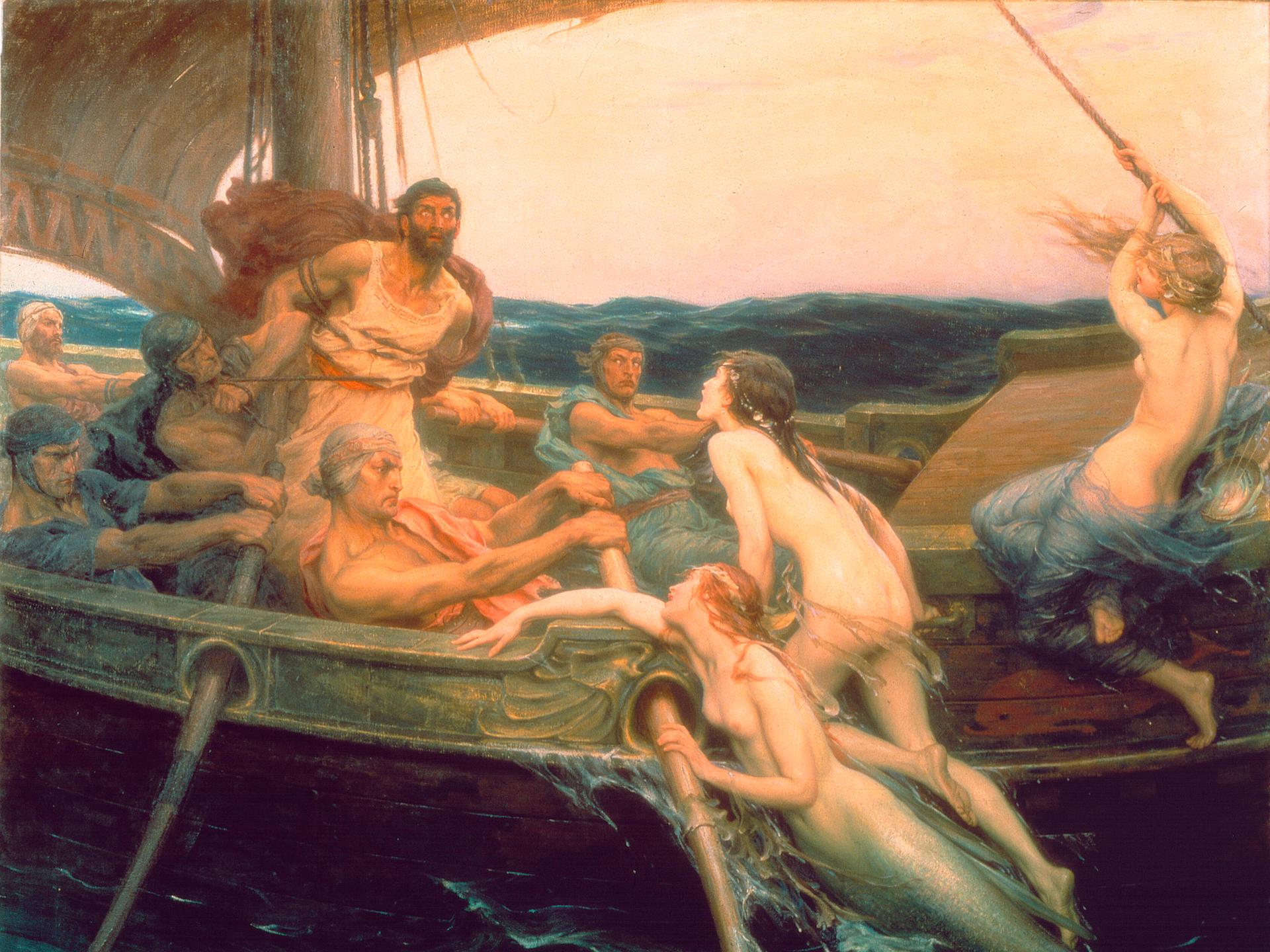 Ein Ölgemälde zeigt Odysseus, der an den Schiffsmast gefesselt ist.