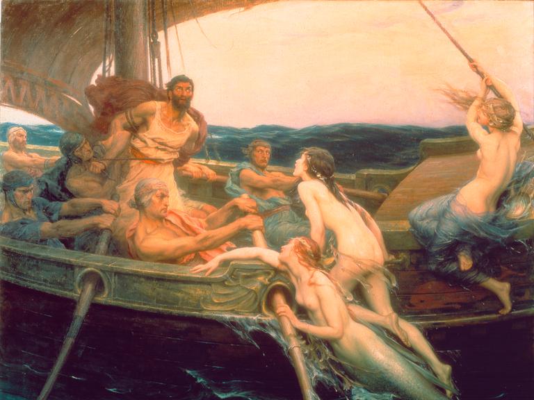 Ein Ölgemälde zeigt Odysseus, der an den Schiffsmast gefesselt ist. Ein Ölgemälde zeigt Odysseus, der an den Schiffsmast gefesselt ist.