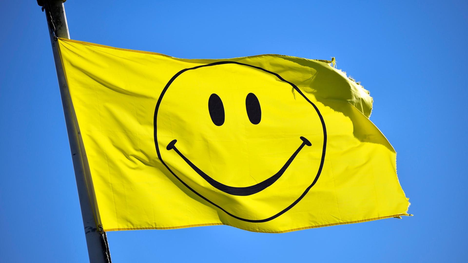 Eine Fahne mit Smiley-Symbol vor blauem Himmel