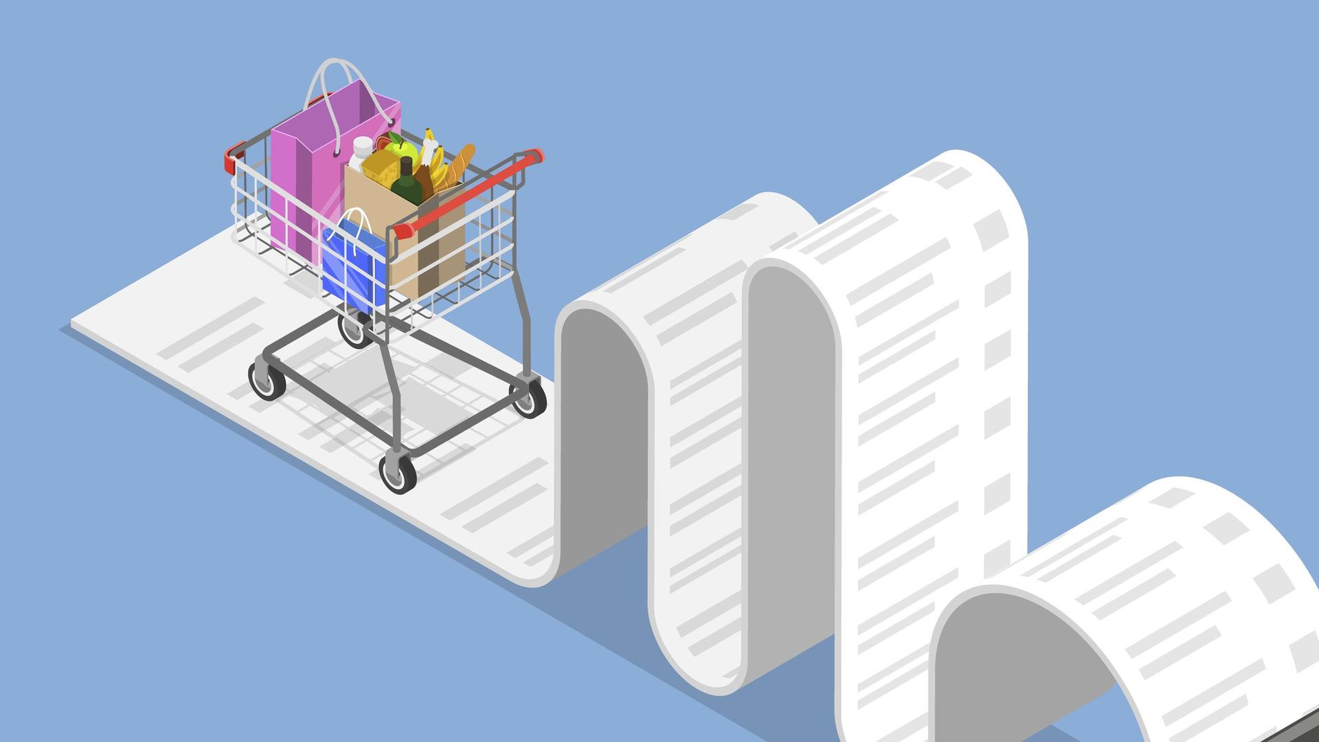 Abgebildet ist eine Illustration eines EC-Kartenzahlgeräts im Supermarkt. Daraus entspringt eine sehr lange Quittung.