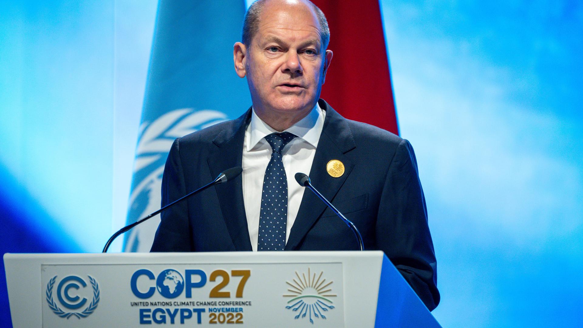 Bundeskanzler Olaf Scholz (SPD) spricht bei der Weltklimakonferenz COP27 in Scharm El Scheich.