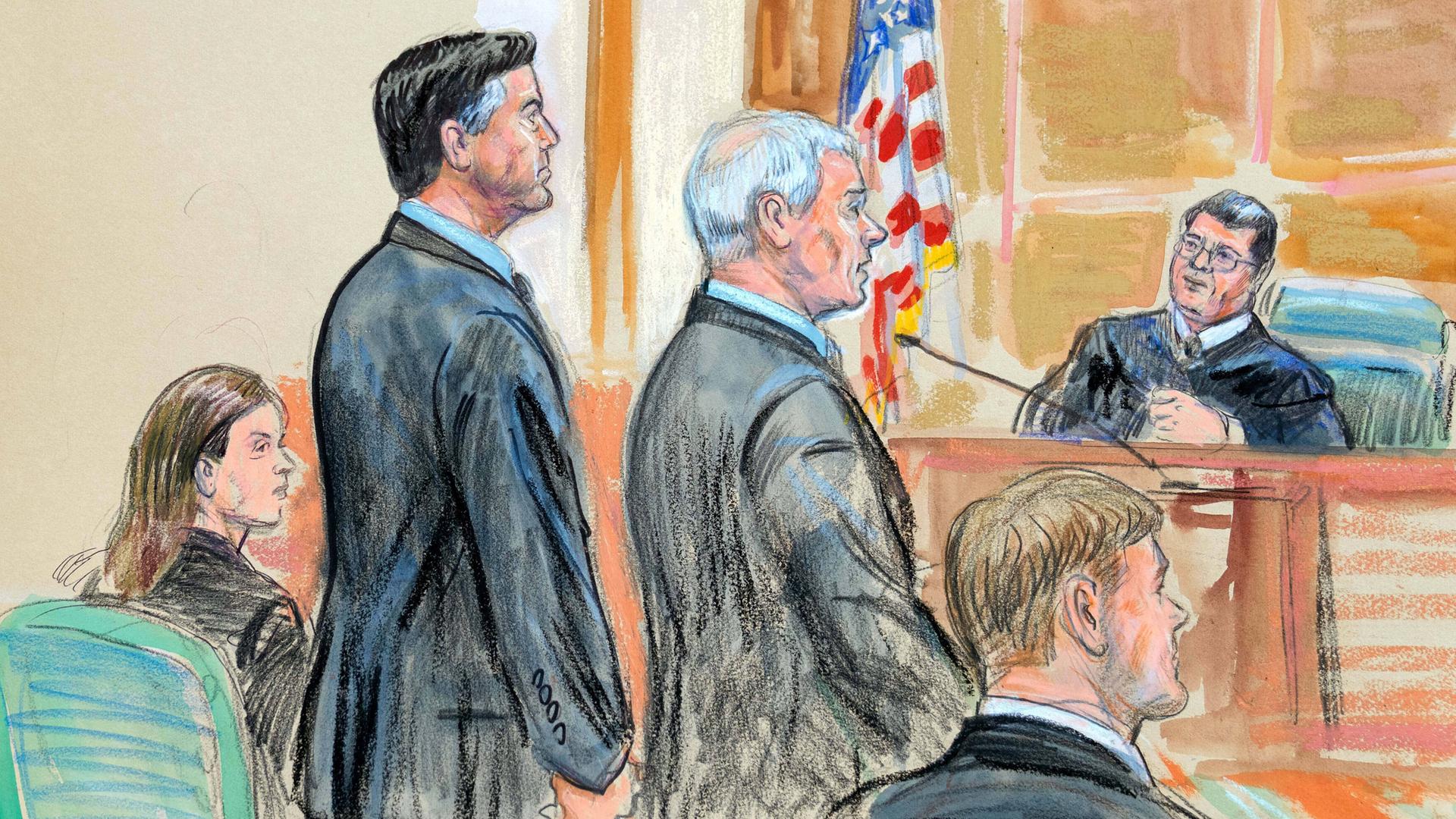 Diese Skizze des Gerichtssaals zeigt den ehemaligen FBI-Direktor James Comey (2.v.l) und seine Anwälte Jessica Carmichael (l) und Patrick J. Fitzgerald (M) während der Anklageverlesung im Bundesgerichtsgebäude. 