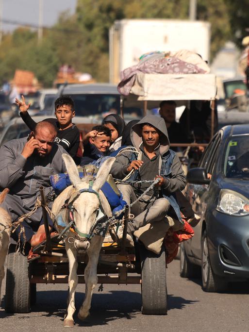 Das Foto zeigt eine Familie auf einem Eselkarren auf dem Weg vom Norden des Gazastreifens in den Süden.