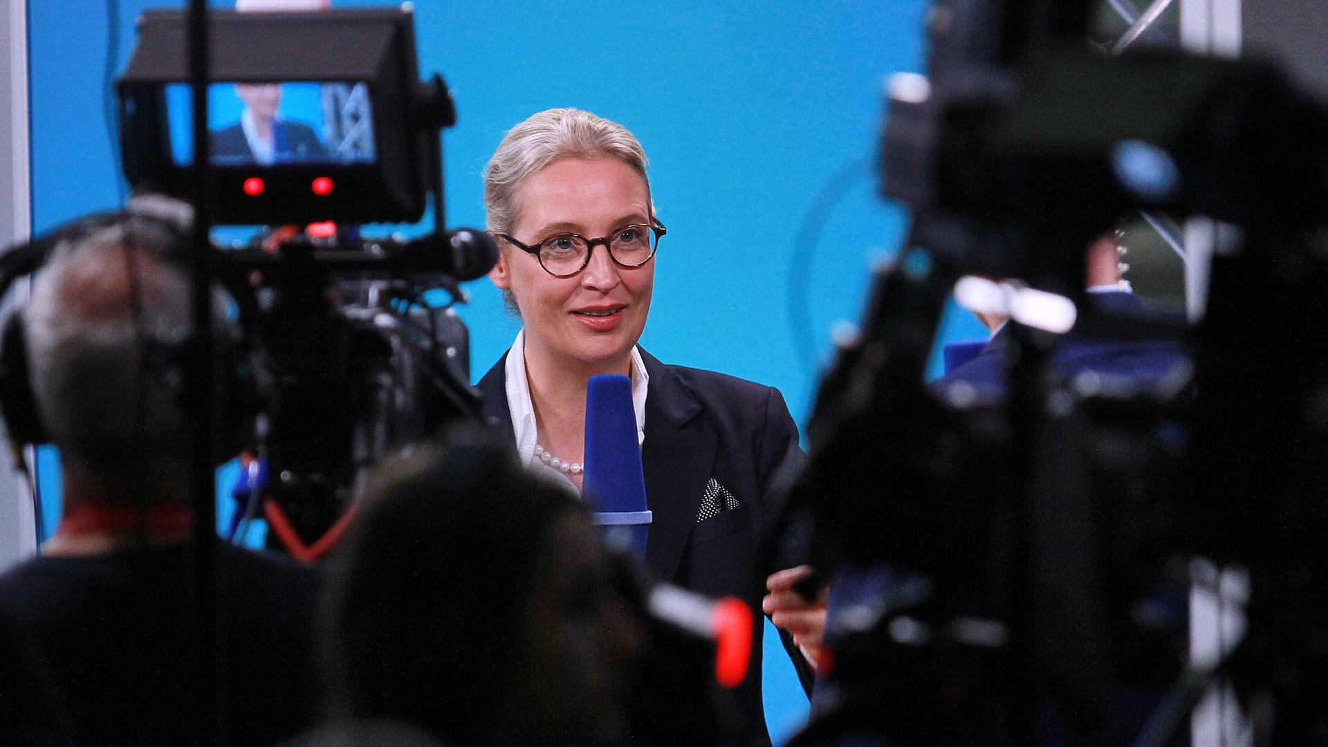 Die AfD-Co-Vorsitzende Alice Weidel steht vor zwei Kameras und spricht in ein Mikrofon während eines Interviews. Die AfD-Co-Vorsitzende Alice Weidel steht vor zwei Kameras und spricht in ein Mikrofon während eines Interviews.